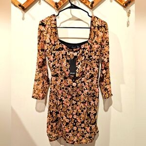 Nasty Gal Petite NWT Vintage Floral Long Sleeve Mini Dress Size 6 Sheer Sleeves